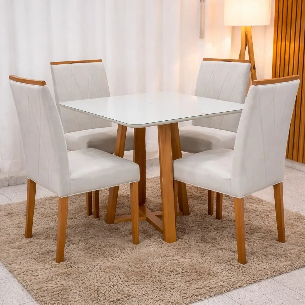 Mesa de Jantar Bali 90x90 com Vidro + 4 Cadeiras Isa