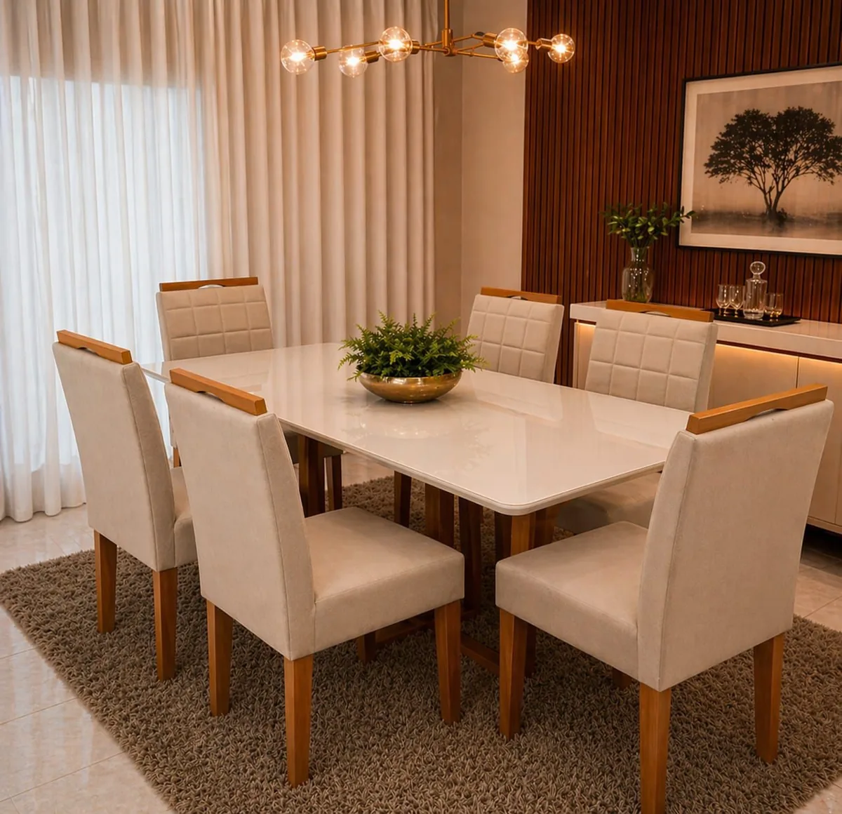 Mesa Bali 160x80 com Vidro + 6 Cadeiras Las Vegas/Safira