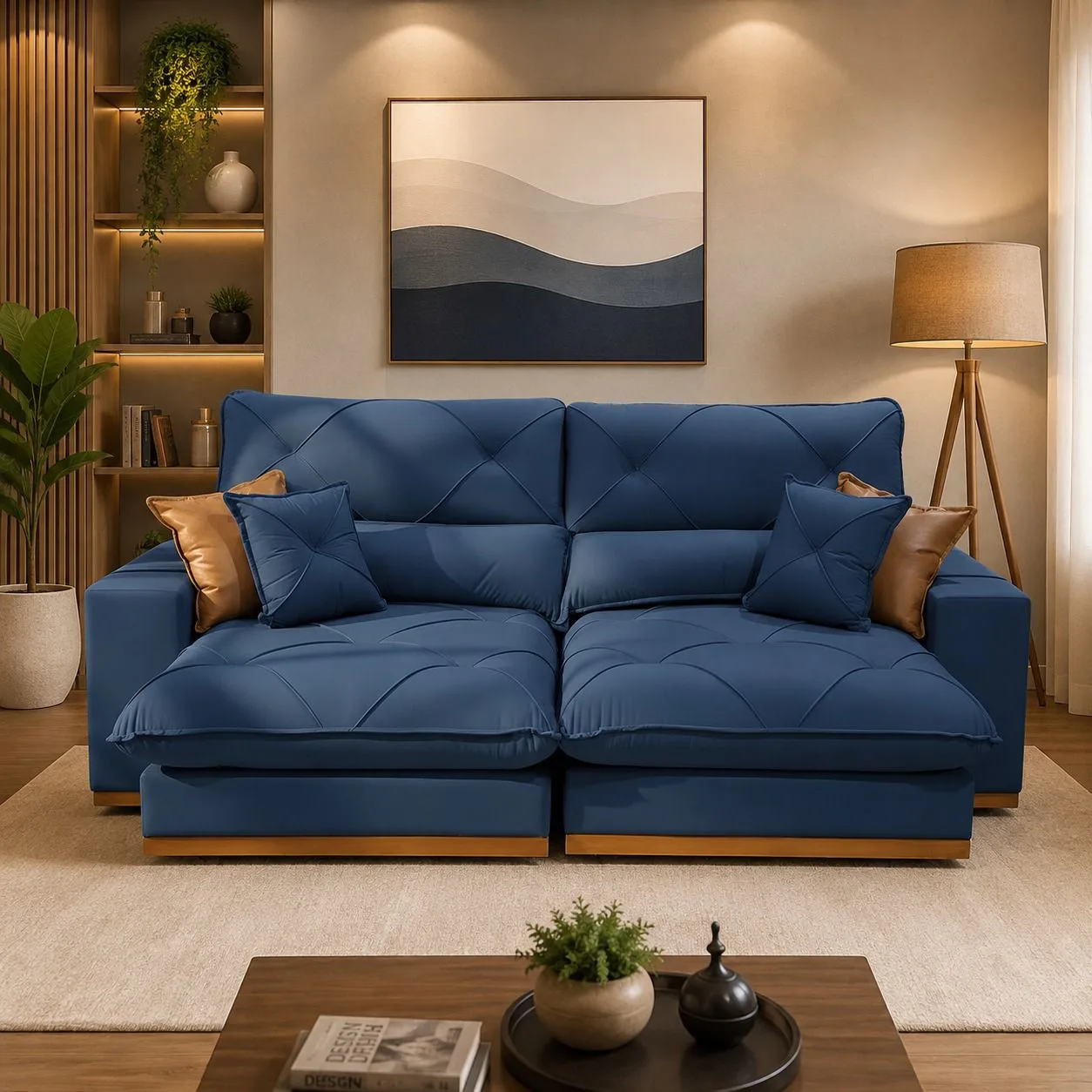 Sofá Retrátil e Reclinável Gran Bello 2,00 m Veludo Azul 07 – D Sala Decor Estofados