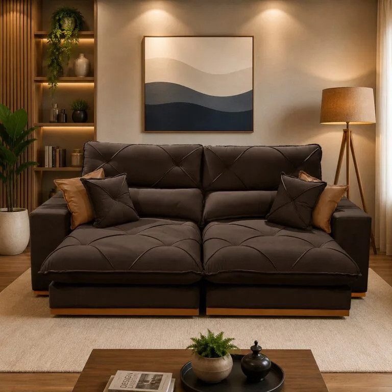 Sofá Retrátil e Reclinável Gran Bello 2,30 m Veludo Marrom 02 – D Sala Decor Estofados