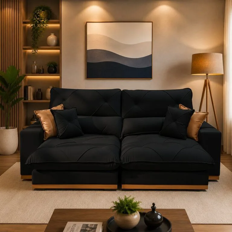 Sofá Retrátil e Reclinável Gran Bello 2,50 m Veludo Preto 14 – D Sala Decor Estofados