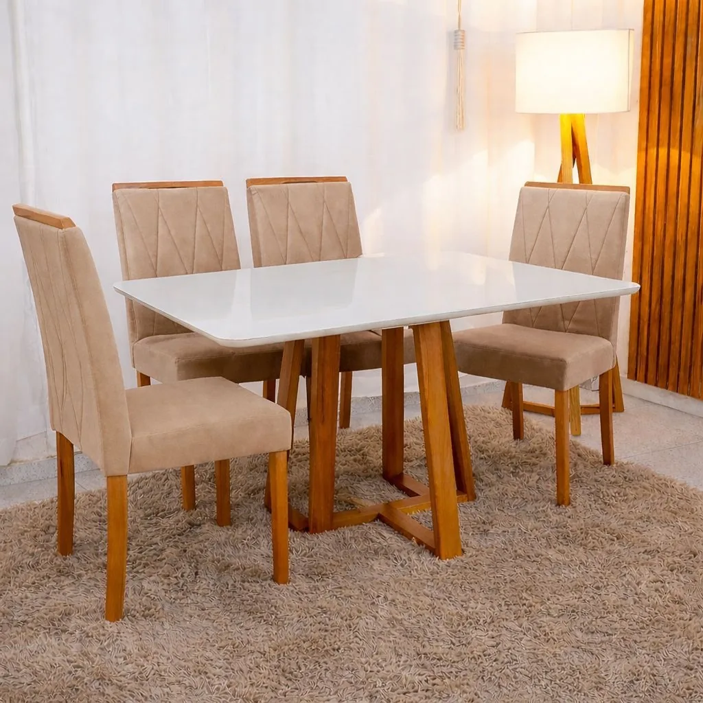 Mesa de Jantar Bali 120x80 com Vidro + 4 Cadeiras Isa