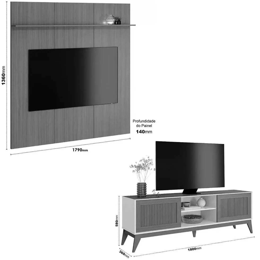 Rack King + Painel Avant TV até 75, 2 Portas, Ripado 3D – EDN — miniatura 3
