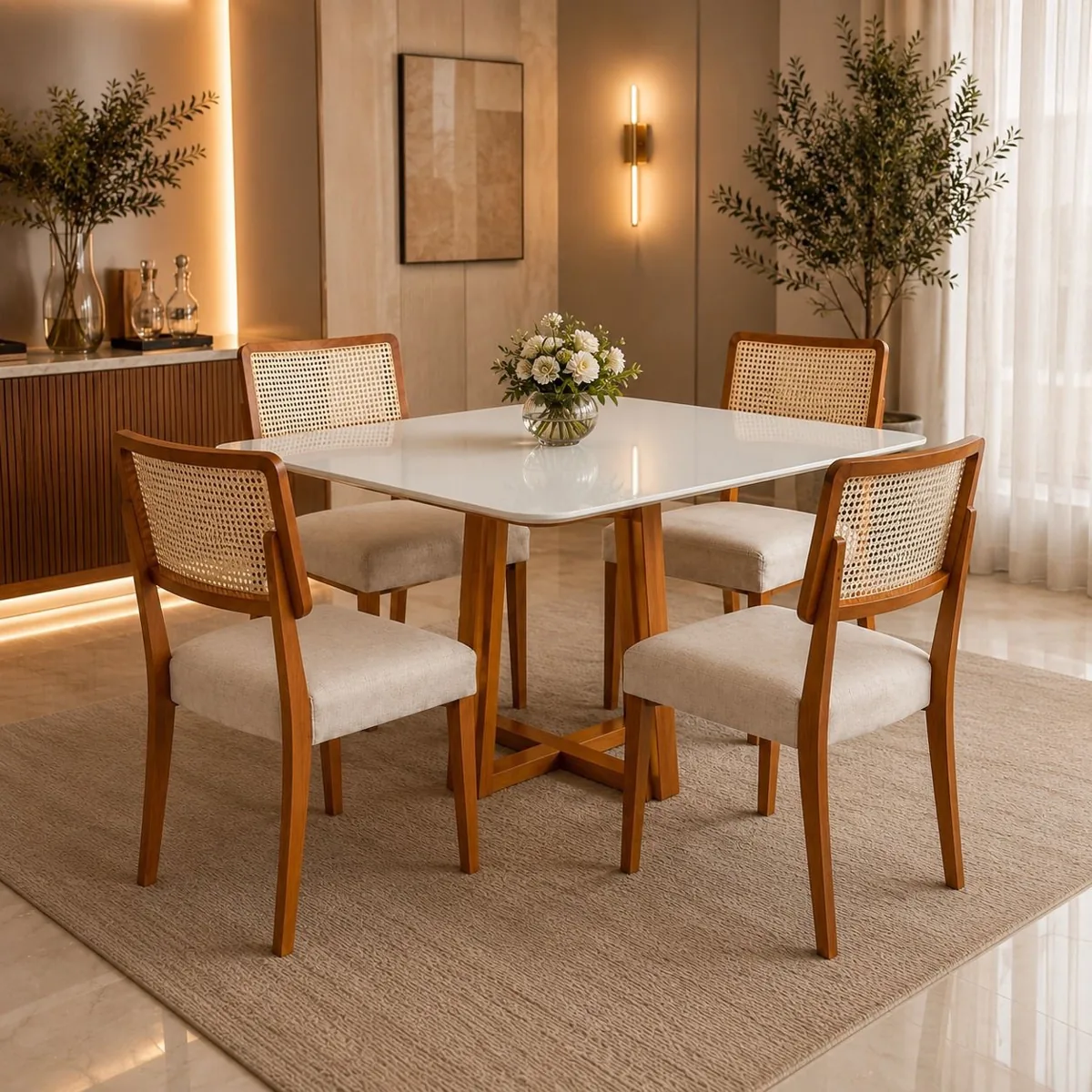 Mesa de Jantar Bali 90x90 com Vidro + 4 Cadeiras Grécia