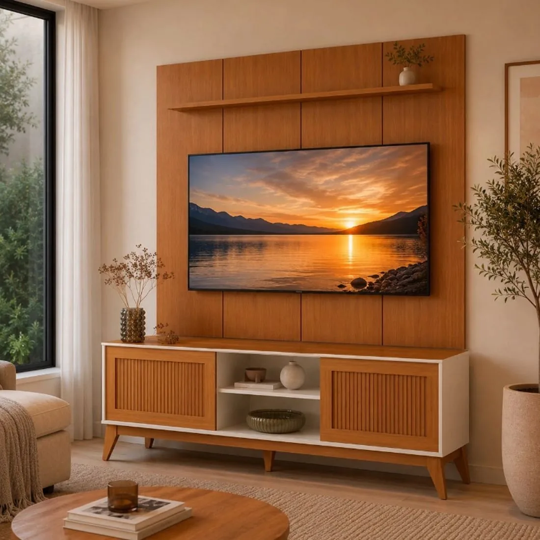 Rack King + Painel Avant TV até 75, 2 Portas, Ripado 3D – EDN