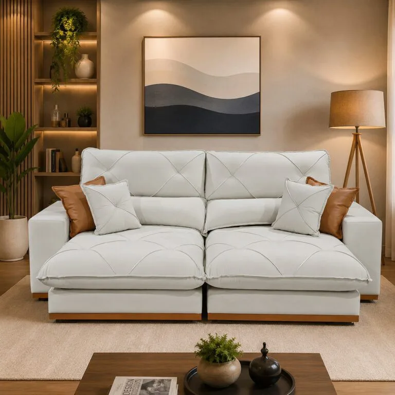Sofá Retrátil e Reclinável Gran Bello 2,50 m Veludo Bege 01 – D Sala Decor Estofados