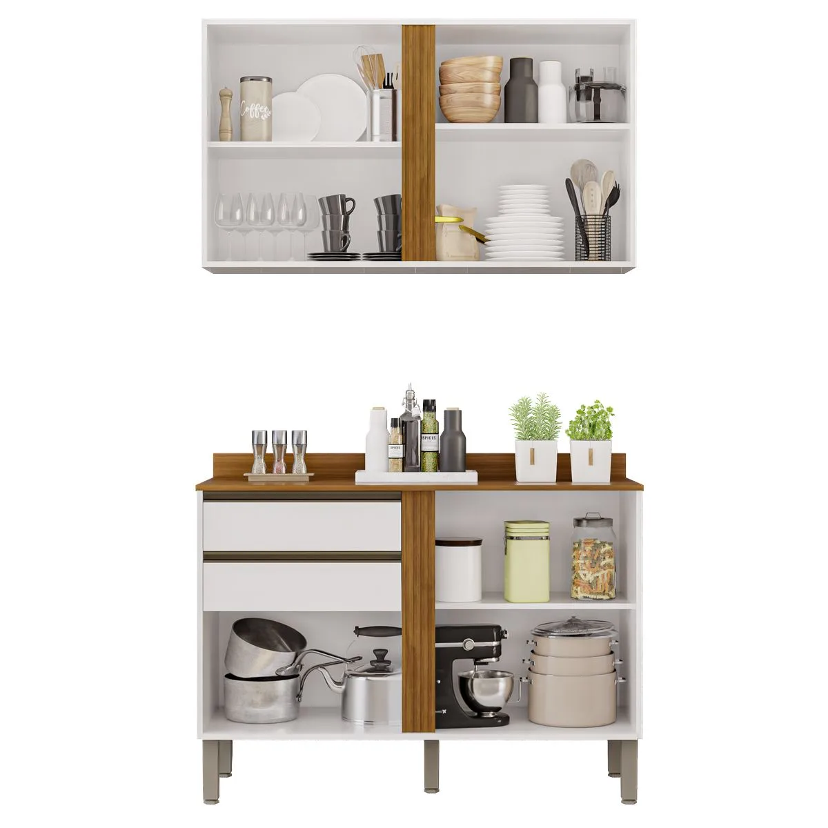 Armário Aéreo 2 Portas + Balcão Pérola 1,20 m Branco/Cinamomo — miniatura 2