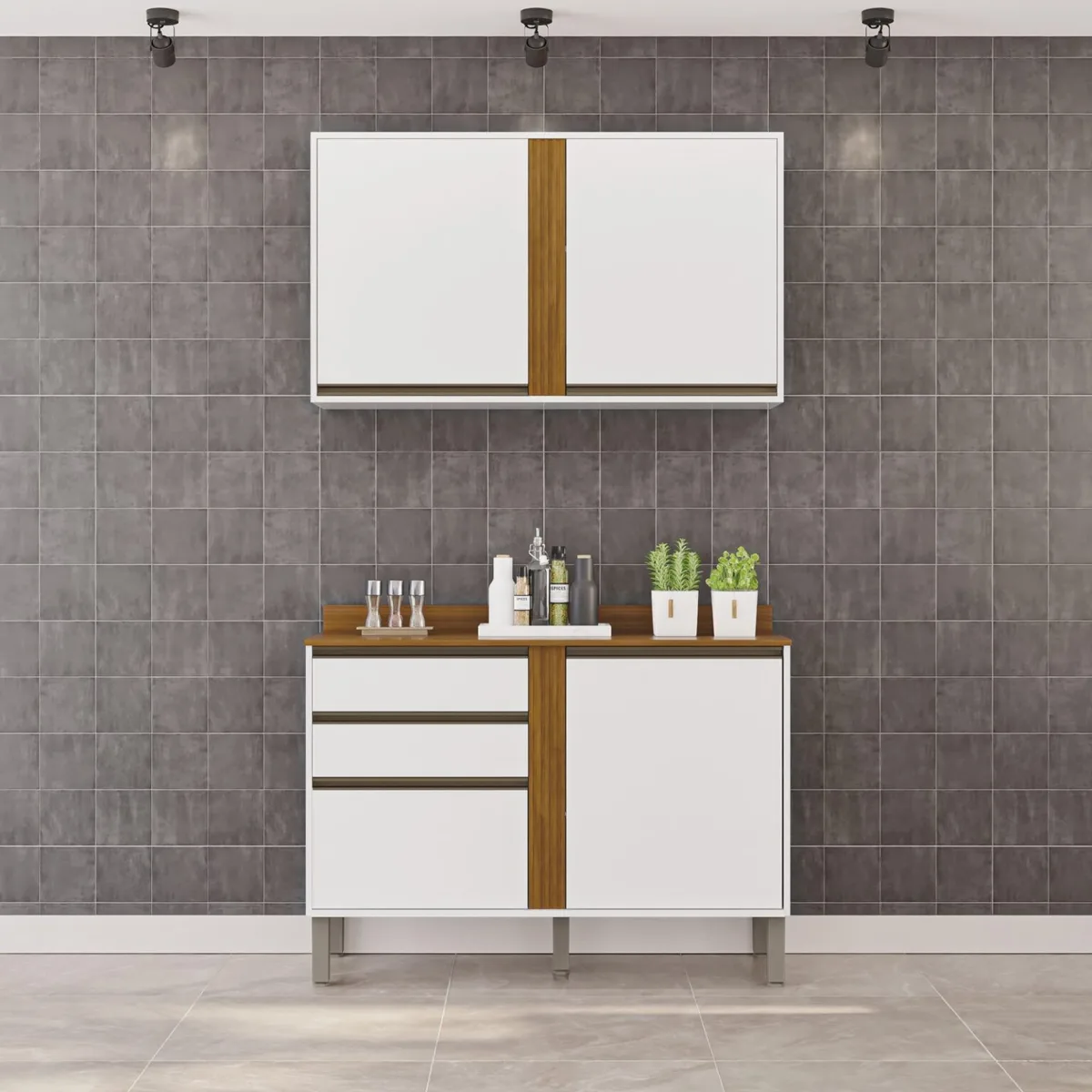 Armário Aéreo 2 Portas + Balcão Pérola 1,20 m Branco/Cinamomo