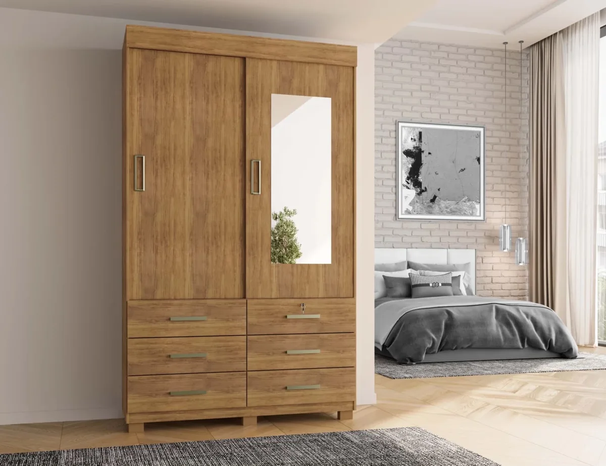 Guarda-Roupa Búzios com Espelho Solteiro – 2 Portas e 6 Gavetas