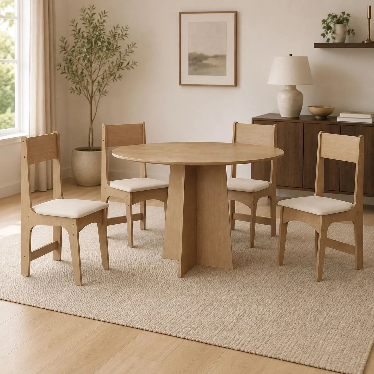 Mesa de Jantar Cindy 90 cm Redonda sem Vidro com 4 Cadeiras Delta em Corino – Sonetto