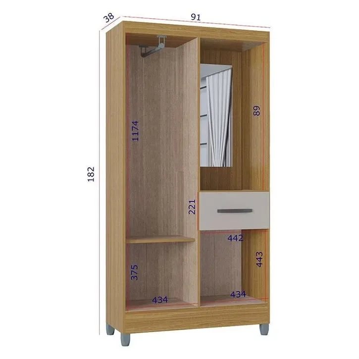 Guarda-Roupa Atlas 91 cm com 3 Portas, 1 Gaveta e Espelho Ripado 3D